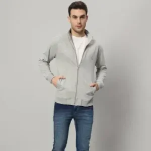 Best Premium Regular Fit Grey Solid Zipper Fleece Jacket