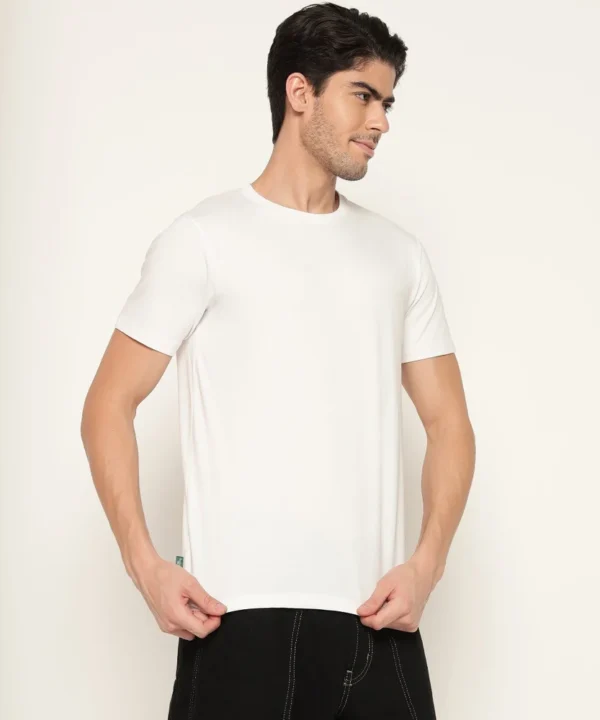Woodland White Cotton Lycra Round Neck T Shirt