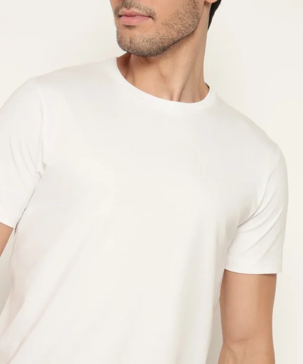 Woodland White Cotton Lycra Round Neck T Shirt