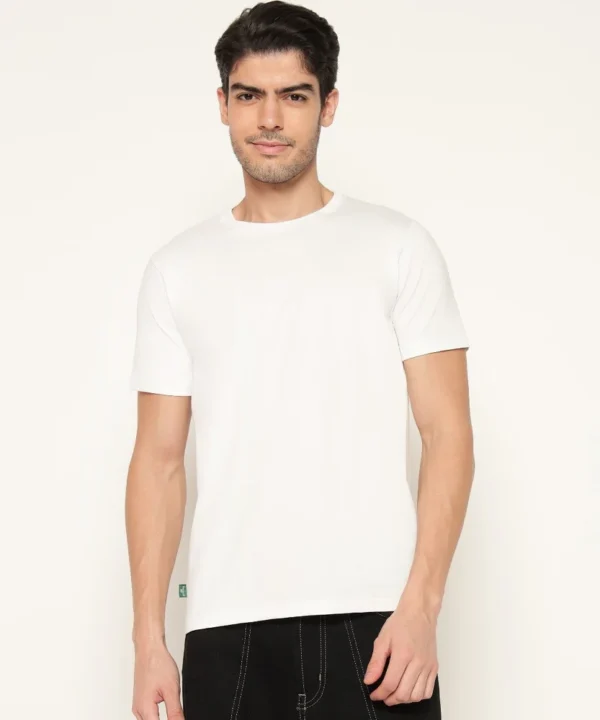 Woodland White Cotton Lycra Round Neck T Shirt